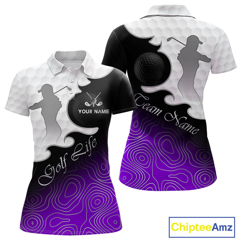 Custom Womens Golf Polo Shirt Purple Black Gradient, Personalized Name Golf Shirt, Gift For Golfer NHT828