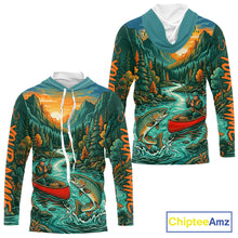 Load image into Gallery viewer, Colorful hoodie with nature-themed design featuring a river, mountains, and fish, branded 'Chiptee Amz'.