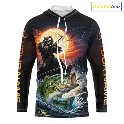 Personalized Fish Reaper Fishing Shirts Jerseys, Fish Reaper Sunset Bass Fishing Shirts Long Sleeve Hooded NHT829
