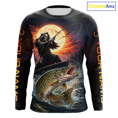 Personalized Fish Reaper Fishing Shirts Jerseys, Fish Reaper Sunset Pike Fishing Shirts Long Sleeve NHT830