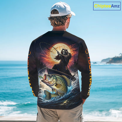 Personalized Fish Reaper Fishing Shirts Jerseys, Fish Reaper Sunset Crappie Fishing Shirts Long Sleeve NHT831