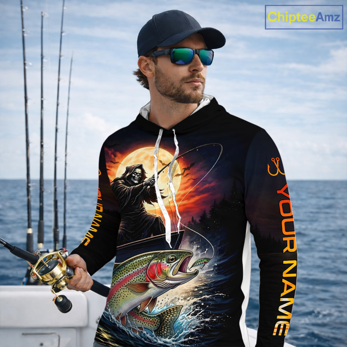 Personalized Fish Reaper Fishing Jerseys, Fish Reaper Sunset Rainbow Trout Fishing Shirts Long Sleeve Hooded NHT832