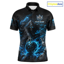 Load image into Gallery viewer, Custom Blue Fire Grim Reaper Bowling Jersey for Men | Team Polo &amp; 1/4 Zip