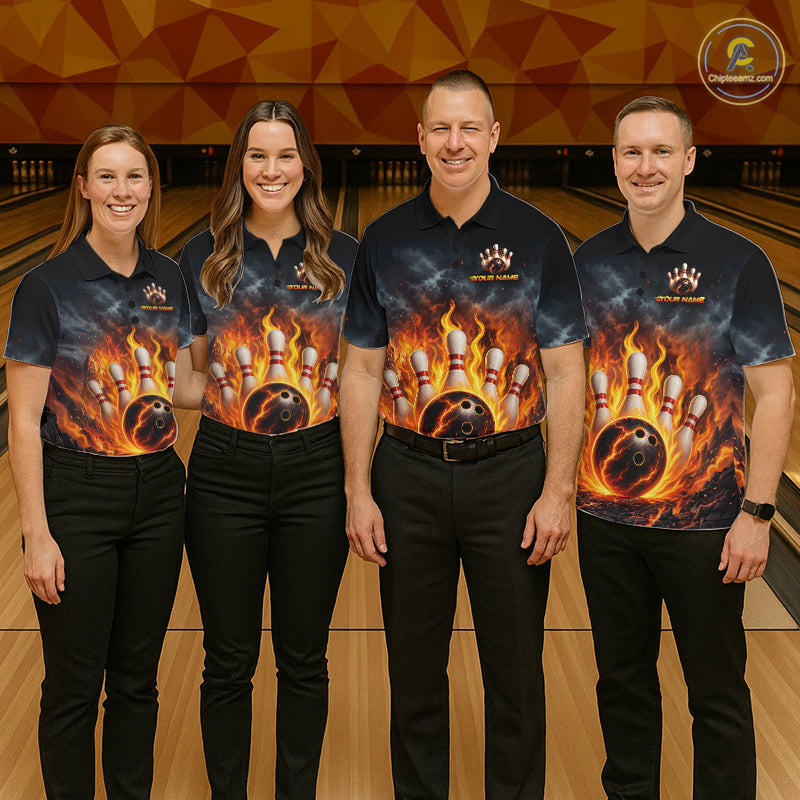 Fire Bowling Polo Shirt 1/4 Zip Personalized Custom Name Flaming Bowling Ball Team Jersey For Women NHT1284