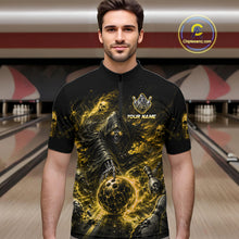 Load image into Gallery viewer, Man wearing a black and yellow bowling shirt with a design and text in a bowling alley.