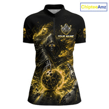 Load image into Gallery viewer, Custom Yellow Fire Grim Reaper Bowling Jersey for Women | Team Polo &amp; 1/4 Zip