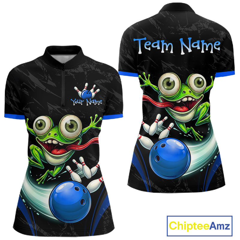 Front and back views of a black short-sleeve polo shirt with a colorful cartoon frog bowling graphic, blue trim, and customizable text areas on the chest and back, shown on a white background with a ChipteeAmz logo.