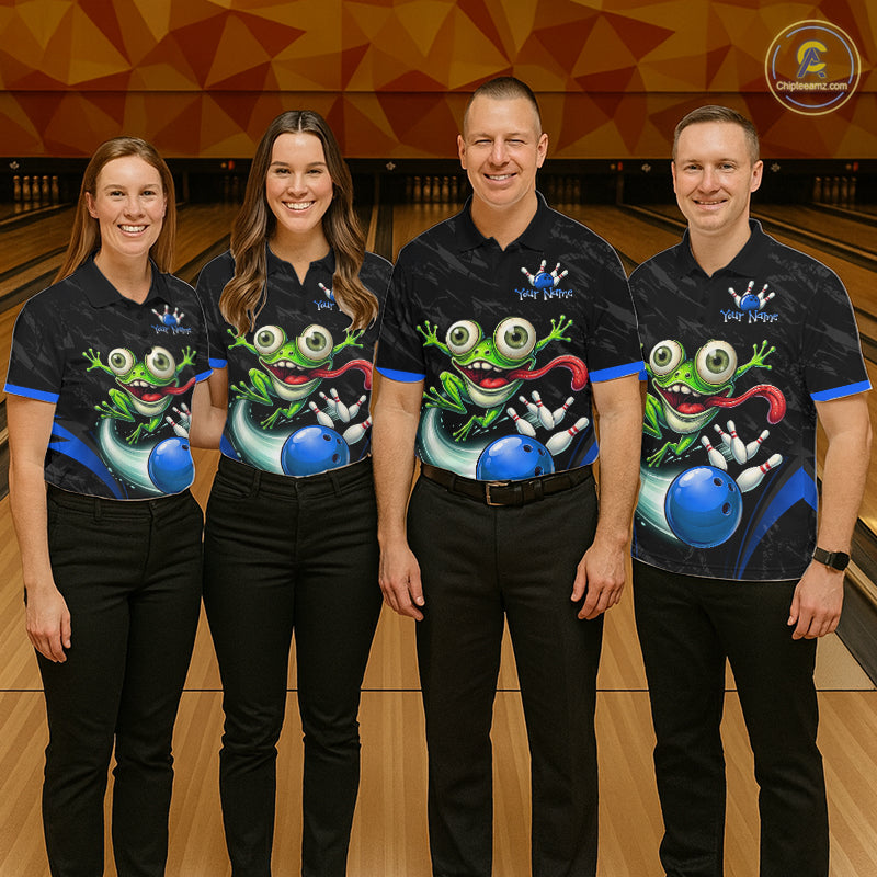Funny Frog Bowling Polo Shirt 1/4 Zip Personalized Custom Name Blue Team Jersey For Women NHT1296