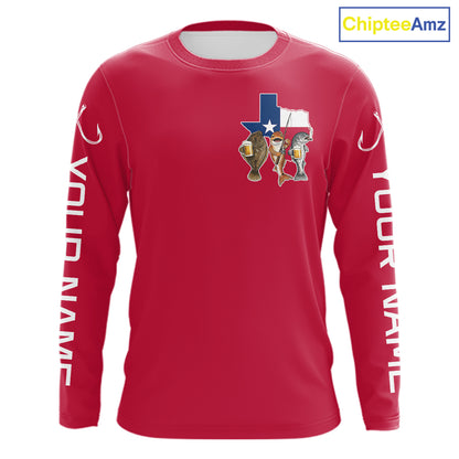 Texas Slam Funny Fishing Redfish, Trout, Flounder Fishing Shirts Long Sleeve For Men| Red NHT844