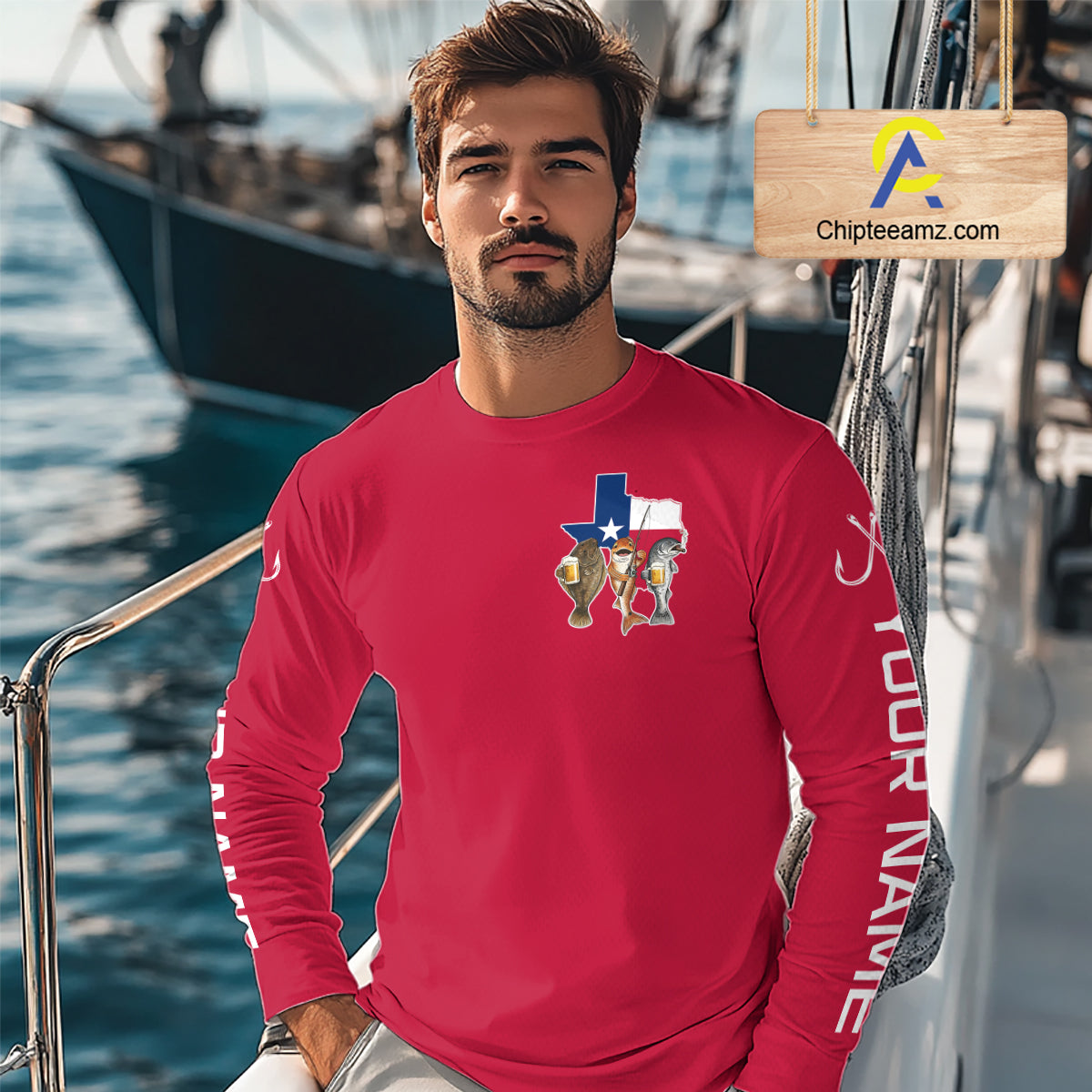 Texas Slam Funny Fishing Redfish, Trout, Flounder Fishing Shirts Long Sleeve For Men| Red NHT844