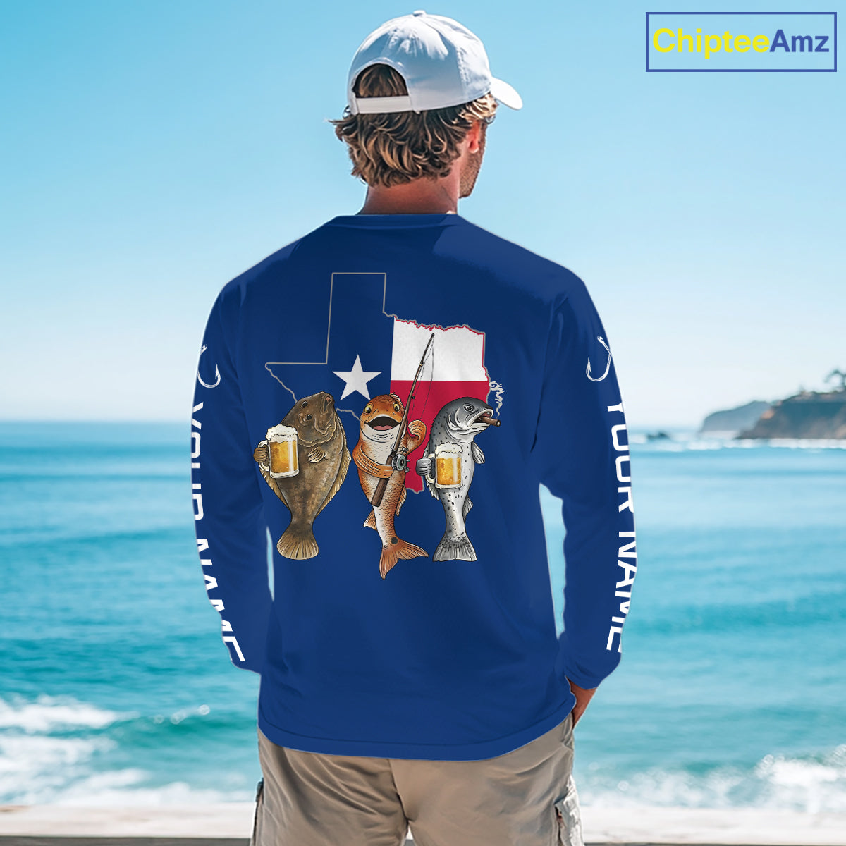 Texas Slam Funny Fishing Redfish, Trout, Flounder Fishing Shirts Long Sleeve For Men| Blue Navy NHT845