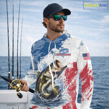 Custom Patriotic American Flag Bass Fishing Shirts Long Sleeve Hooded, Fishing Tournament Jerseys NHT435