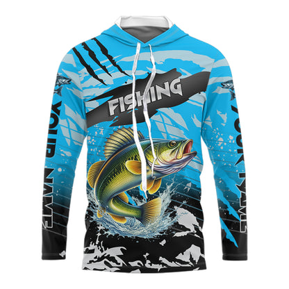 Walleye Fishing Blue Camo Jerseys Custom Performance Long Sleeve Hooded Tournament Fishing Shirts NHT509