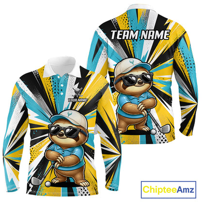A long-sleeve collared shirt shown from the front and back, featuring a cartoon sloth wearing a cap and sunglasses on a bold yellow, blue, black, and white burst background. The back has 'TEAM NAME' text and the front has 'YOUR NAME'.