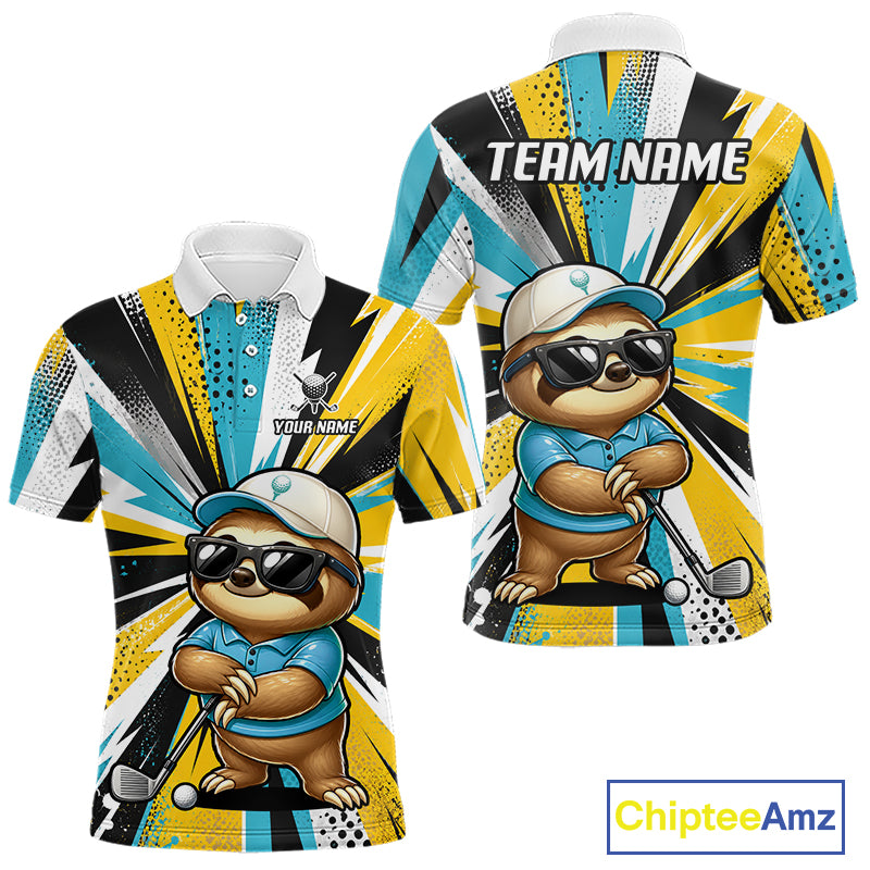 A custom short-sleeve polo shirt shown from both front and back, featuring a cartoon sloth wearing sunglasses and a cap over a yellow, black, white, and teal abstract burst pattern. The front has a button placket and a small customizable name area, while the back has a large version of the sloth graphic and 'TEAM NAME' text at the collar.