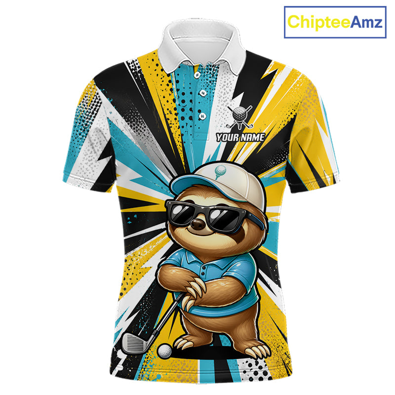 A short-sleeve polo shirt with a colorful geometric burst pattern in yellow, black, blue, and white, featuring a cartoon sloth wearing sunglasses and a cap holding a golf club. The shirt has a white collar, placeholder text 'YOUR NAME' and 'CHIMPTEEAMZ' on the front, and a 'ChipteeAmz' logo in the top right corner.