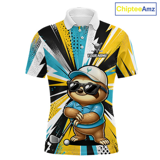 A short-sleeve polo shirt with a colorful geometric burst pattern in yellow, black, blue, and white, featuring a cartoon sloth wearing sunglasses and a cap holding a golf club. The shirt has a white collar, placeholder text 'YOUR NAME' and 'CHIMPTEEAMZ' on the front, and a 'ChipteeAmz' logo in the top right corner.