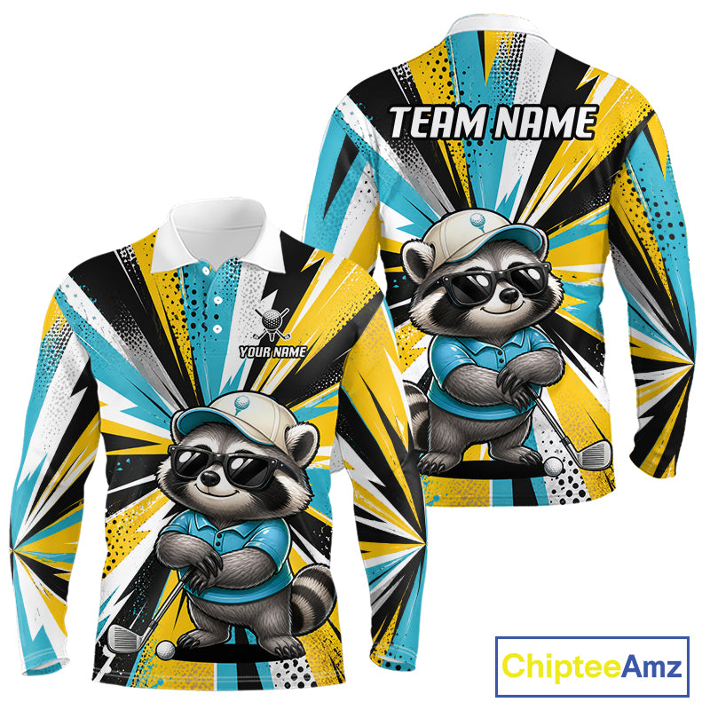 A long-sleeve collared shirt shown from the front and back, featuring a cartoon raccoon wearing a blue polo shirt and cap on a bold yellow, black, white, and blue graphic background. The back has 'TEAM NAME' text and the front has 'YOUR NAME' text, indicating customization