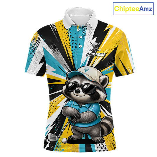 A short-sleeve polo shirt with a colorful graphic print featuring a cartoon raccoon in a blue polo and cap, set against a yellow, black, and blue burst pattern. The shirt has a white collar and includes customizable text placeholders 'YOUR NAME' and 'CHOOSE A COLOR' with a 'ChipteeAmz' logo in the top right corner.