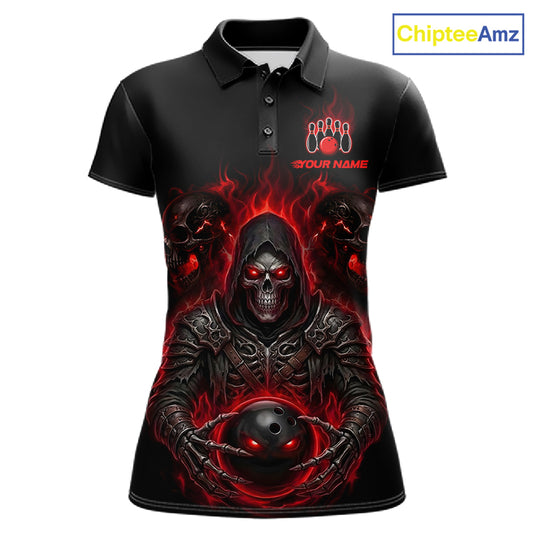 Personalized women bowling jersey with Grim Reaper skull graphic, custom name and team name front view bowling polo shirt.