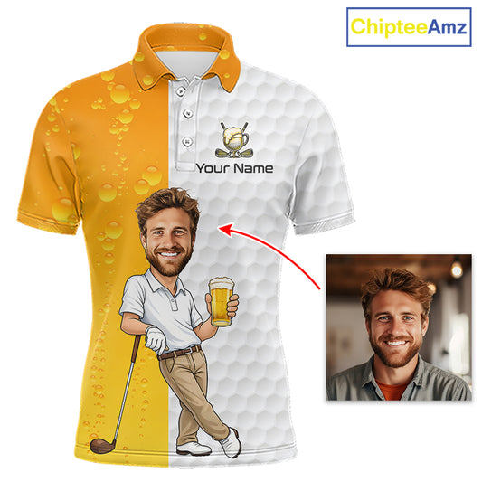 A custom short-sleeve polo shirt mockup on a white background, split vertically into yellow-orange with beer bubbles on the left and white with a golf texture on the right. The shirt features a custom golf-themed graphic and a red arrow pointing to a photo of a smiling man, with the text 'Your Name'.