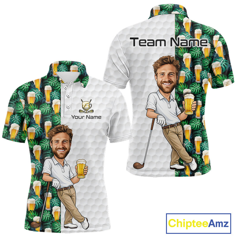 Personalized polo shirt shown from front and back on a white background. The shirt has a split design: one half is white with a golf ball texture and placeholder text 'Team Name' and 'Your Name', while the other half features a green tropical leaf pattern with repeating beer glasses.