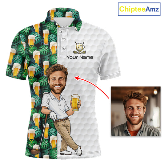 A custom short-sleeve polo shirt mockup on a white background, featuring a split design: one half has a green tropical leaf and beer glass pattern, and the other half is white with a subtle honeycomb texture. A cartoon caricature of a smiling man holding a beer is printed across the lower front, with 'Your Name' text and a golf club graphic above it
