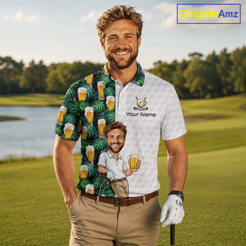A man standing on a golf course wearing a custom-printed polo shirt. The shirt features a split design: one side has a green tropical leaf and beer glass pattern, and the other side is white with a golf ball texture, a golf club graphic, and the text 'Your Name'.