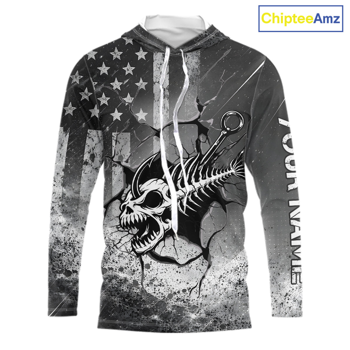 American Flag Fishing Fish Hook Skull Personalized Fishing Shirts, Hooded Patriotic Fishing Shirt Gift For Men NHT665