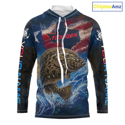 Texas Flag Flounder Long Sleeve Hooded Fishing Jersey, Flounder Saltwater Performance UV Shirt For Men 