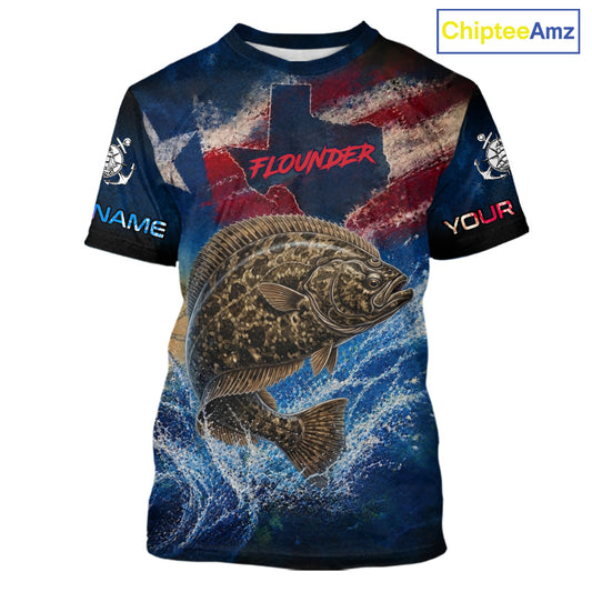 Texas Flag Flounder Short Sleeve Fishing T-Shirts Fishing Jersey, Flounder Saltwater Performance UV Shirt For Men 
