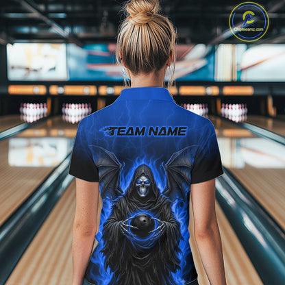 Personalized Grim Reaper Women Bowling Polo Shirt, Custom Team Name 1/4 Zip Bowling Jersey|Blue NHT1321
