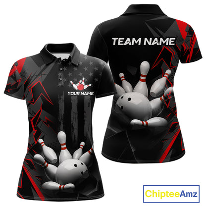 Custom Bowling Team Women Polo Shirt Quarter Zip 1/4 Personalized Name Performance Bowling Jersey|Red NHT1330