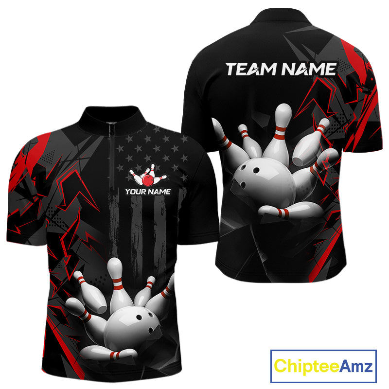 Custom Bowling Team Men Polo Shirt Quarter Zip 1/4 Personalized Name Performance Bowling Jersey|Red NHT1330