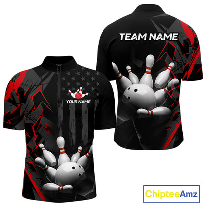 Custom Bowling Team Men Polo Shirt Quarter Zip 1/4 Personalized Name Performance Bowling Jersey|Red NHT1330