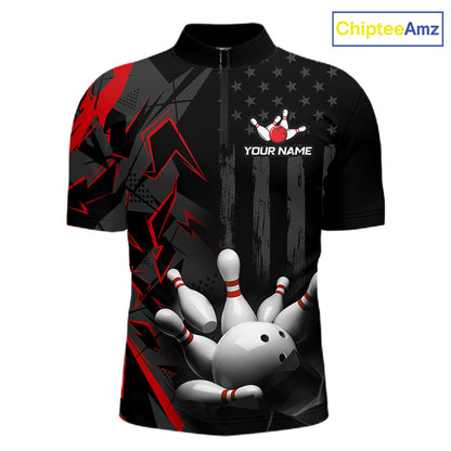 Custom Bowling Team Men Polo Shirt Quarter Zip 1/4 Personalized Name Performance Bowling Jersey|Red NHT1330