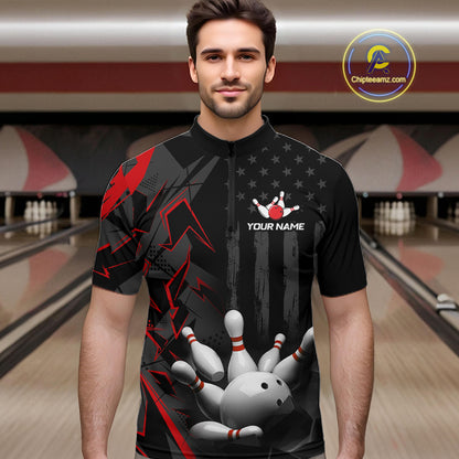 Custom Bowling Team Men Polo Shirt Quarter Zip 1/4 Personalized Name Performance Bowling Jersey|Red NHT1330