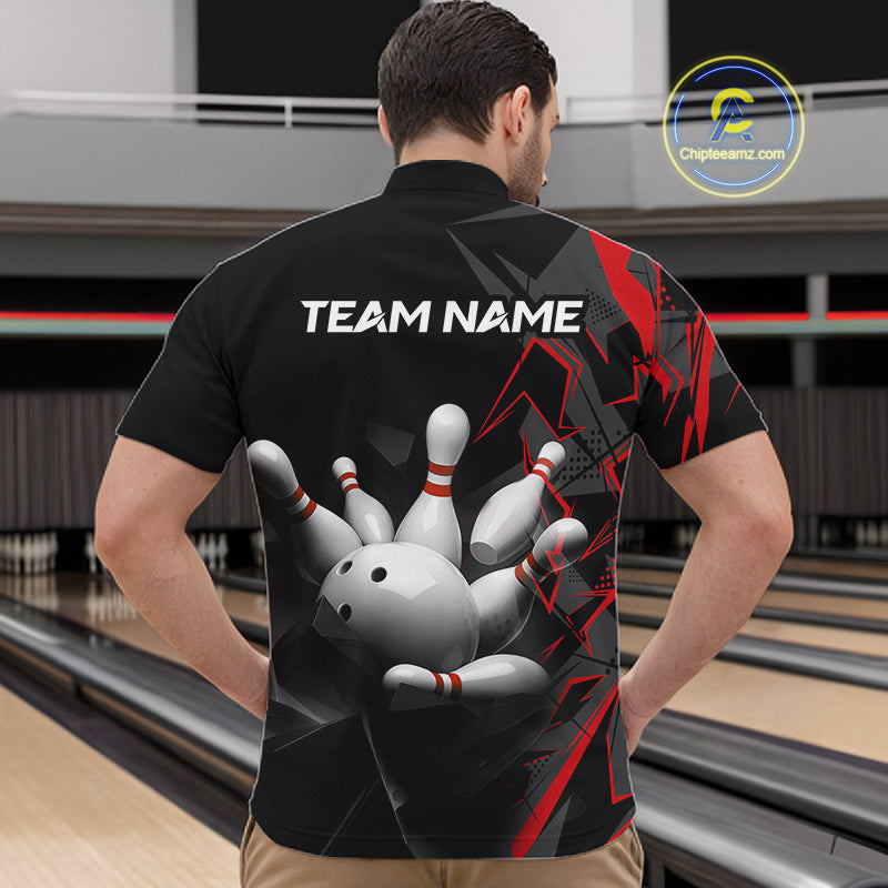 Custom Bowling Team Men Polo Shirt Quarter Zip 1/4 Personalized Name Performance Bowling Jersey|Red NHT1330