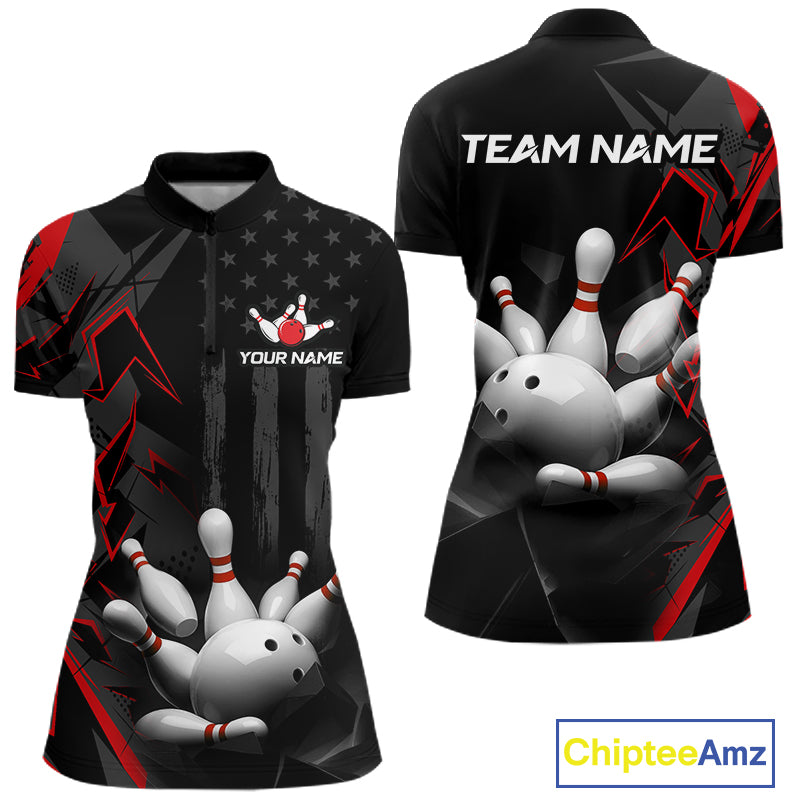 Custom Bowling Team Women Polo Shirt Quarter Zip 1/4 Personalized Name Performance Bowling Jersey|Red NHT1330