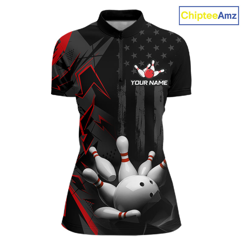Custom Bowling Team Women Polo Shirt Quarter Zip 1/4 Personalized Name Performance Bowling Jersey|Red NHT1330