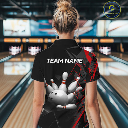 Custom Bowling Team Women Polo Shirt Quarter Zip 1/4 Personalized Name Performance Bowling Jersey|Red NHT1330