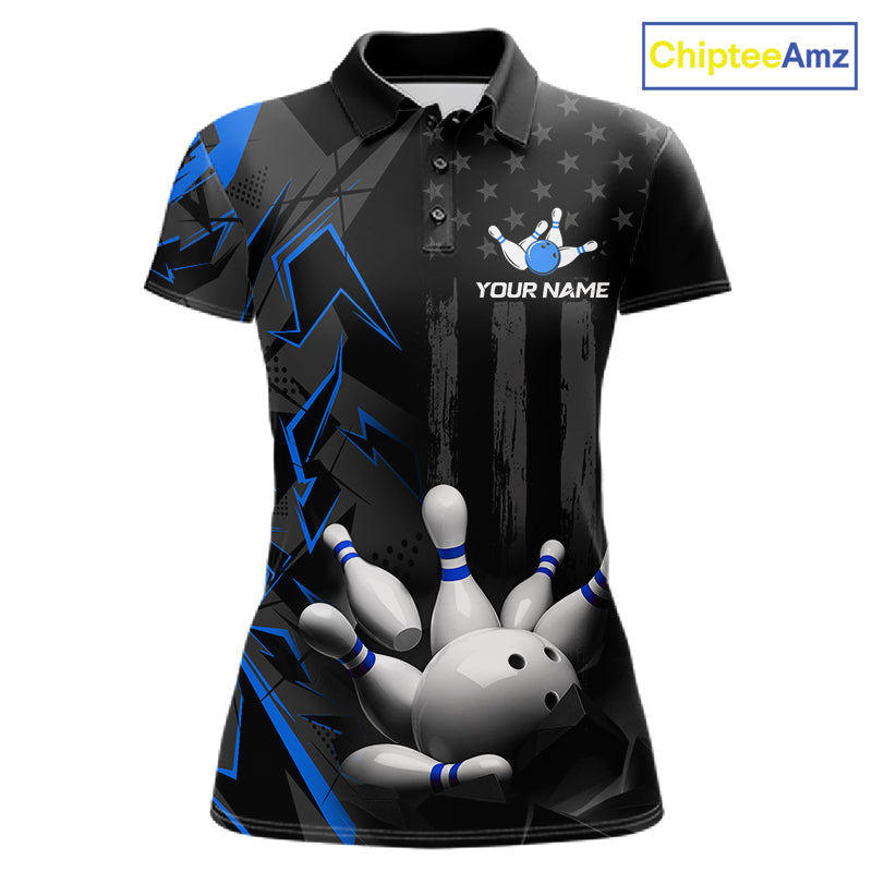 Custom Bowling Team Women Polo Shirt Quarter Zip 1/4 Personalized Name Performance Bowling Jersey|Blue NHT1331