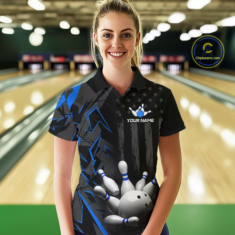 Custom Bowling Team Women Polo Shirt Quarter Zip 1/4 Personalized Name Performance Bowling Jersey|Blue NHT1331