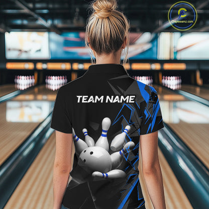 Custom Bowling Team Women Polo Shirt Quarter Zip 1/4 Personalized Name Performance Bowling Jersey|Blue NHT1331