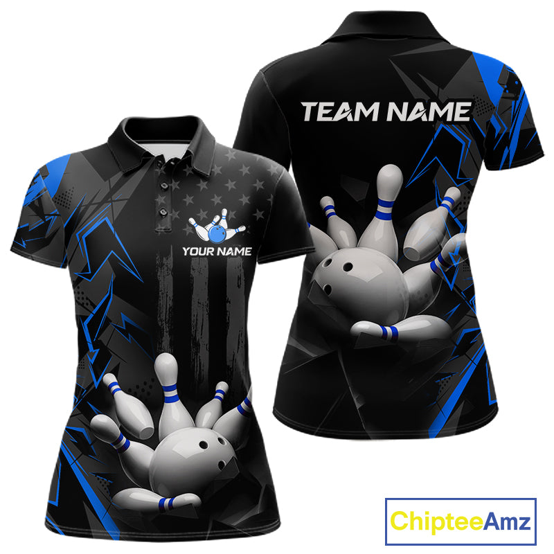 Custom Bowling Team Women Polo Shirt Quarter Zip 1/4 Personalized Name Performance Bowling Jersey|Blue NHT1331