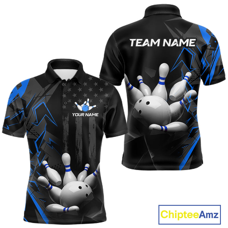 Custom Bowling Team Men Polo Shirt Quarter Zip 1/4 Personalized Name Performance Bowling Jersey|Blue NHT1331