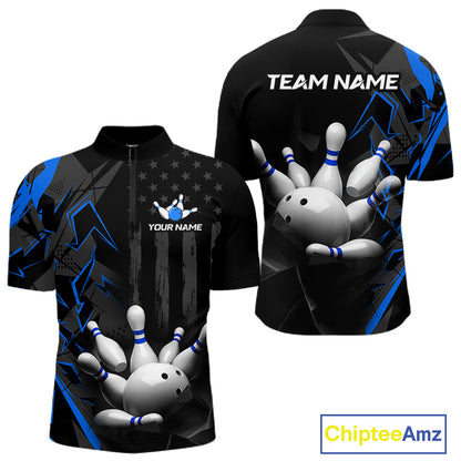 Custom Bowling Team Men Polo Shirt Quarter Zip 1/4 Personalized Name Performance Bowling Jersey|Blue NHT1331