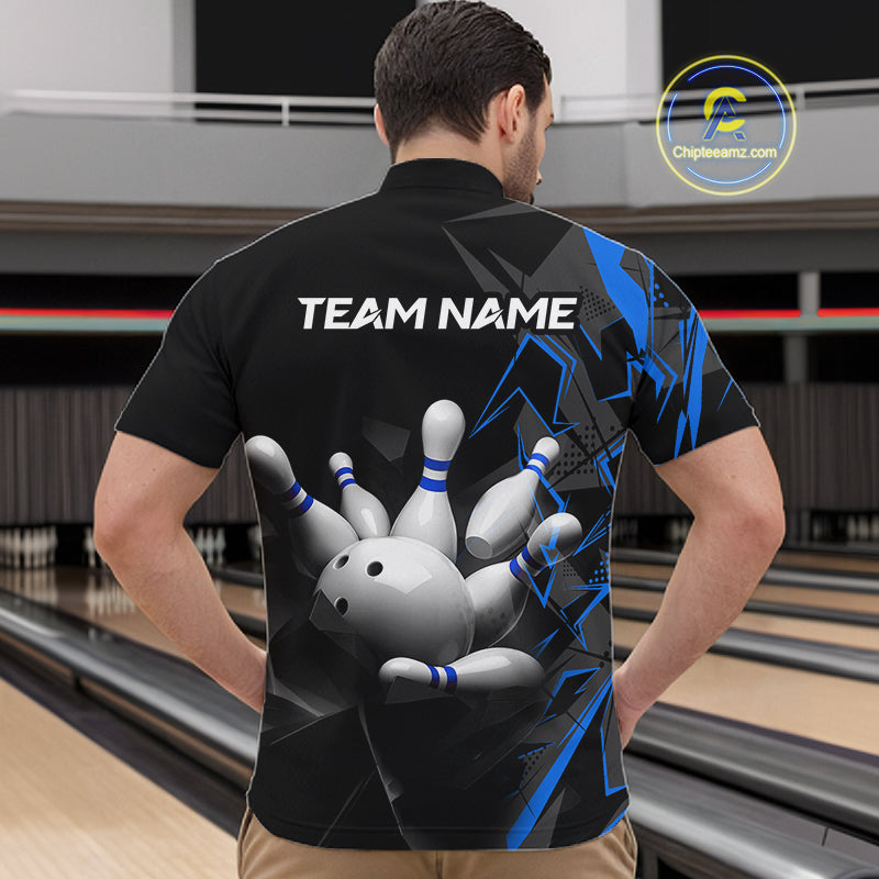 Custom Bowling Team Men Polo Shirt Quarter Zip 1/4 Personalized Name Performance Bowling Jersey|Blue NHT1331