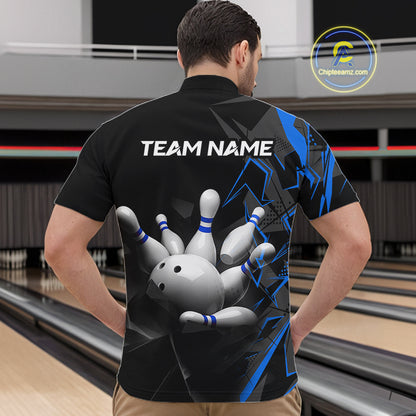 Custom Bowling Team Men Polo Shirt Quarter Zip 1/4 Personalized Name Performance Bowling Jersey|Blue NHT1331