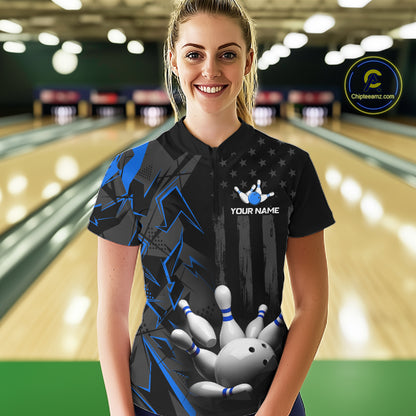 Custom Bowling Team Women Polo Shirt Quarter Zip 1/4 Personalized Name Performance Bowling Jersey|Blue NHT1331